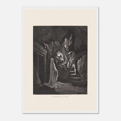 La Multiplication des pains aux palmiers – Estampe de Gustave Doré (42x59,4 cm (A2) / Cadre blanc). Estampe de Gustave Doré illustrant la Multiplication des pains, montrant une foule recevant de la nourriture dans un paysage désertique avec des palmiers.