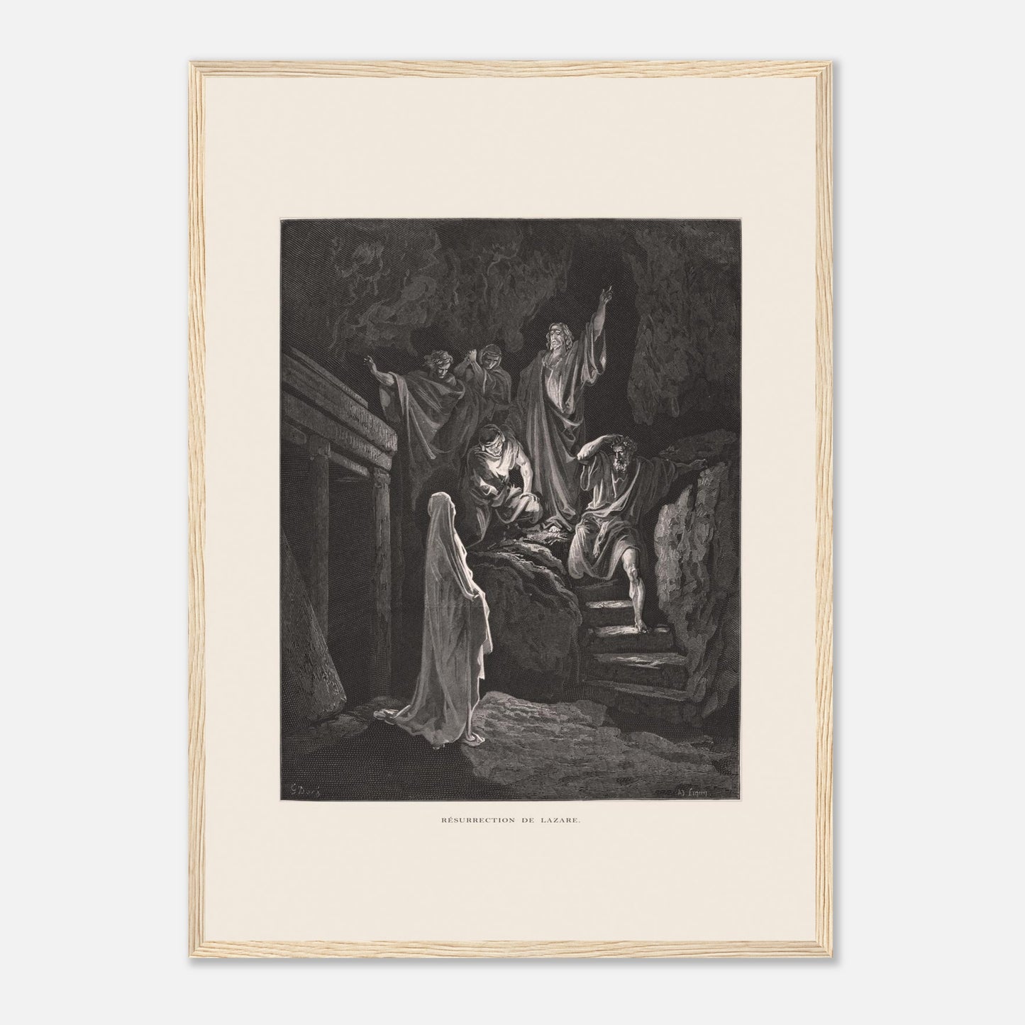 La Multiplication des pains aux palmiers – Estampe de Gustave Doré (42x59,4 cm (A2) / Cadre bois clair). Estampe de Gustave Doré illustrant la Multiplication des pains, montrant une foule recevant de la nourriture dans un paysage désertique avec des palmiers.