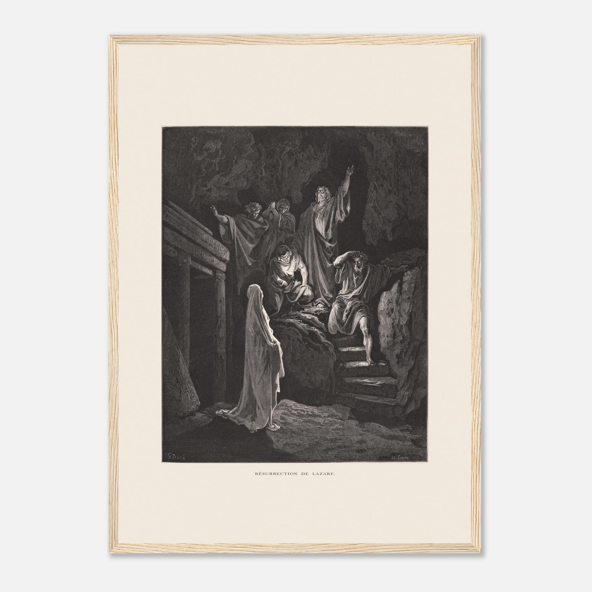 La Multiplication des pains aux palmiers – Estampe de Gustave Doré (42x59,4 cm (A2) / Cadre bois clair). Estampe de Gustave Doré illustrant la Multiplication des pains, montrant une foule recevant de la nourriture dans un paysage désertique avec des palmiers.