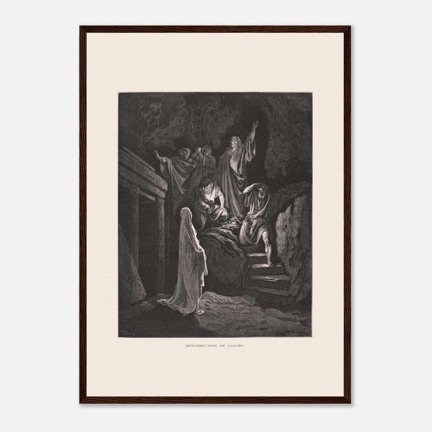 La Multiplication des pains aux palmiers – Estampe de Gustave Doré (42x59,4 cm (A2) / Cadre bois foncé). Estampe de Gustave Doré illustrant la Multiplication des pains, montrant une foule recevant de la nourriture dans un paysage désertique avec des palmiers.