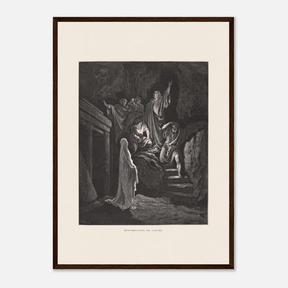 La Multiplication des pains aux palmiers – Estampe de Gustave Doré (42x59,4 cm (A2) / Cadre bois foncé). Estampe de Gustave Doré illustrant la Multiplication des pains, montrant une foule recevant de la nourriture dans un paysage désertique avec des palmiers.