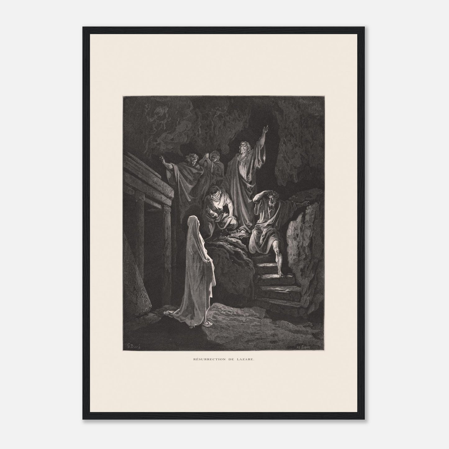 La Multiplication des pains aux palmiers – Estampe de Gustave Doré (42x59,4 cm (A2) / Cadre noir). Estampe de Gustave Doré illustrant la Multiplication des pains, montrant une foule recevant de la nourriture dans un paysage désertique avec des palmiers.