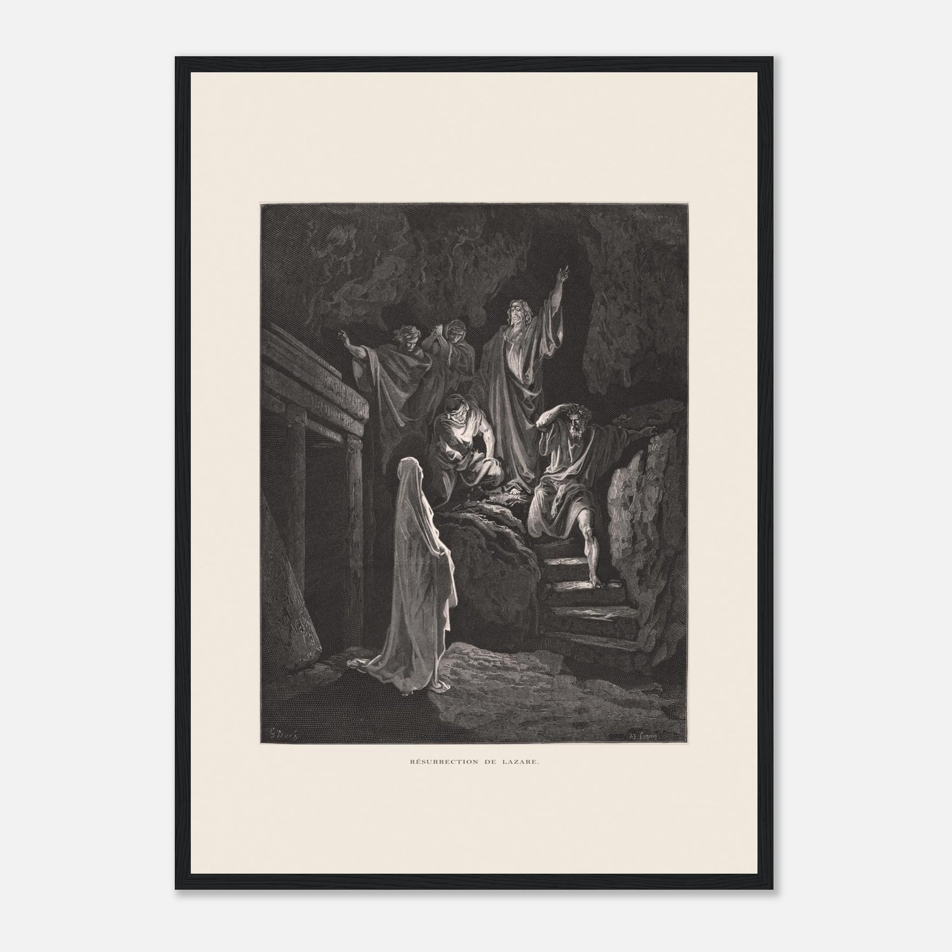 La Multiplication des pains aux palmiers – Estampe de Gustave Doré (42x59,4 cm (A2) / Cadre noir). Estampe de Gustave Doré illustrant la Multiplication des pains, montrant une foule recevant de la nourriture dans un paysage désertique avec des palmiers.