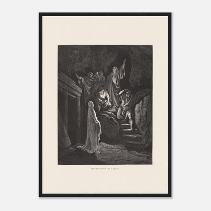 La Multiplication des pains aux palmiers – Estampe de Gustave Doré (42x59,4 cm (A2) / Cadre noir). Estampe de Gustave Doré illustrant la Multiplication des pains, montrant une foule recevant de la nourriture dans un paysage désertique avec des palmiers.