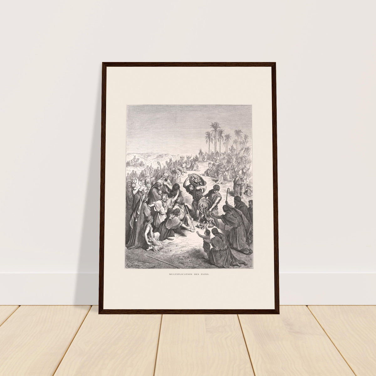 Die Brotvermehrung in der Wüste – Illustration von Gustave Doré. Stich von Gustave Doré zur Speisung der Viertausend, der eine Menschenmenge zeigt, die in einer Wüstenlandschaft wartet und Brot erhält.