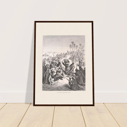 Die Brotvermehrung in der Wüste – Illustration von Gustave Doré. Stich von Gustave Doré zur Speisung der Viertausend, der eine Menschenmenge zeigt, die in einer Wüstenlandschaft wartet und Brot erhält.