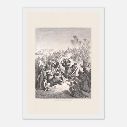 La Multiplication des pains au désert – Illustration de Gustave Doré (21x29,7 cm (A4) / Cadre blanc). Gravure de Gustave Doré illustrant la Multiplication des pains, montrant une foule attendant et recevant du pain dans un paysage désertique.