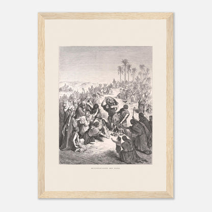 La Multiplication des pains au désert – Illustration de Gustave Doré (21x29,7 cm (A4) / Cadre bois clair). Gravure de Gustave Doré illustrant la Multiplication des pains, montrant une foule attendant et recevant du pain dans un paysage désertique.