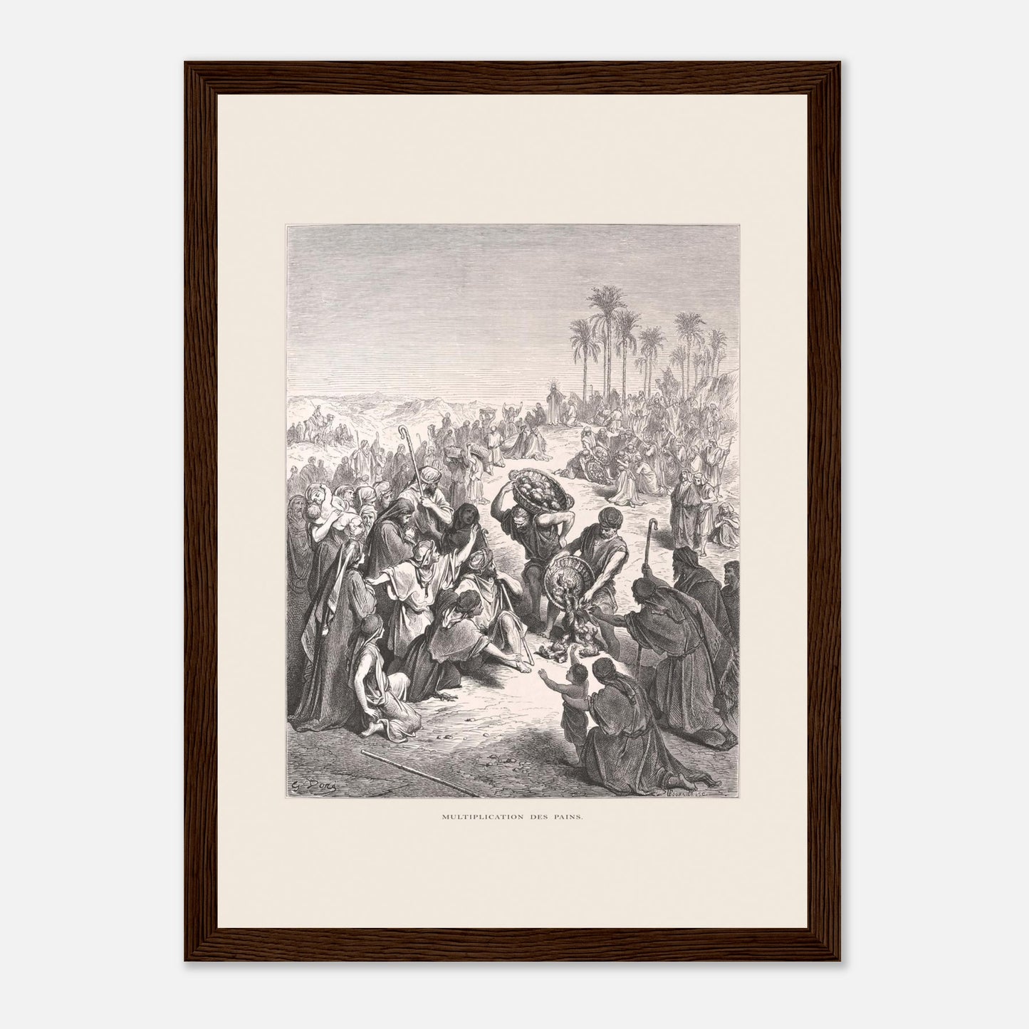La Multiplication des pains au désert – Illustration de Gustave Doré (21x29,7 cm (A4) / Cadre bois foncé). Gravure de Gustave Doré illustrant la Multiplication des pains, montrant une foule attendant et recevant du pain dans un paysage désertique.