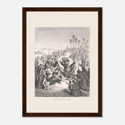 La Multiplication des pains au désert – Illustration de Gustave Doré (21x29,7 cm (A4) / Cadre bois foncé). Gravure de Gustave Doré illustrant la Multiplication des pains, montrant une foule attendant et recevant du pain dans un paysage désertique.