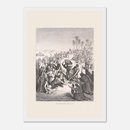 La Multiplication des pains au désert – Illustration de Gustave Doré (29,7x42 cm (A3) / Cadre blanc). Gravure de Gustave Doré illustrant la Multiplication des pains, montrant une foule attendant et recevant du pain dans un paysage désertique.