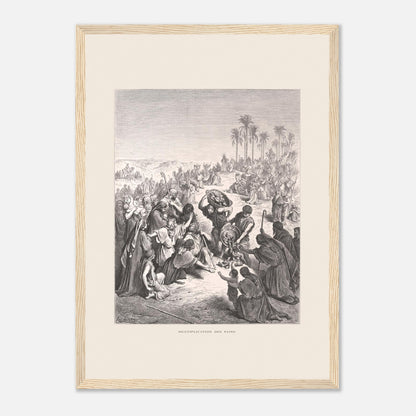 La Multiplication des pains au désert – Illustration de Gustave Doré (29,7x42 cm (A3) / Cadre bois clair). Gravure de Gustave Doré illustrant la Multiplication des pains, montrant une foule attendant et recevant du pain dans un paysage désertique.