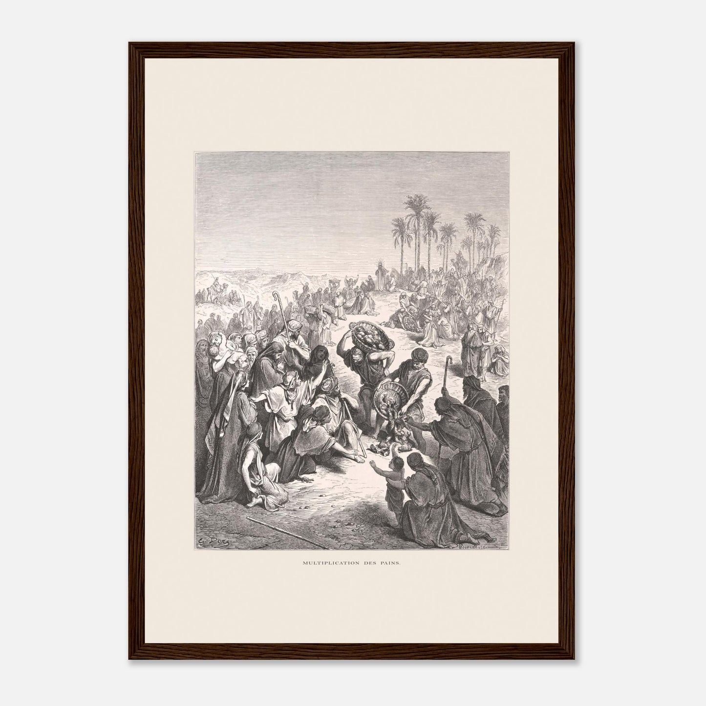 La Multiplication des pains au désert – Illustration de Gustave Doré (29,7x42 cm (A3) / Cadre bois foncé). Gravure de Gustave Doré illustrant la Multiplication des pains, montrant une foule attendant et recevant du pain dans un paysage désertique.