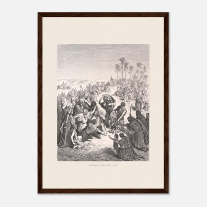 La Multiplication des pains au désert – Illustration de Gustave Doré (29,7x42 cm (A3) / Cadre bois foncé). Gravure de Gustave Doré illustrant la Multiplication des pains, montrant une foule attendant et recevant du pain dans un paysage désertique.