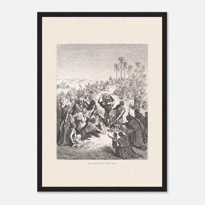 La Multiplication des pains au désert – Illustration de Gustave Doré (29,7x42 cm (A3) / Cadre noir). Gravure de Gustave Doré illustrant la Multiplication des pains, montrant une foule attendant et recevant du pain dans un paysage désertique.