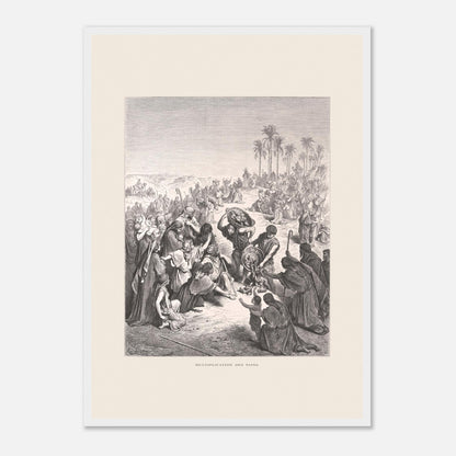 La Multiplication des pains au désert – Illustration de Gustave Doré (42x59,4 cm (A2) / Cadre blanc). Gravure de Gustave Doré illustrant la Multiplication des pains, montrant une foule attendant et recevant du pain dans un paysage désertique.