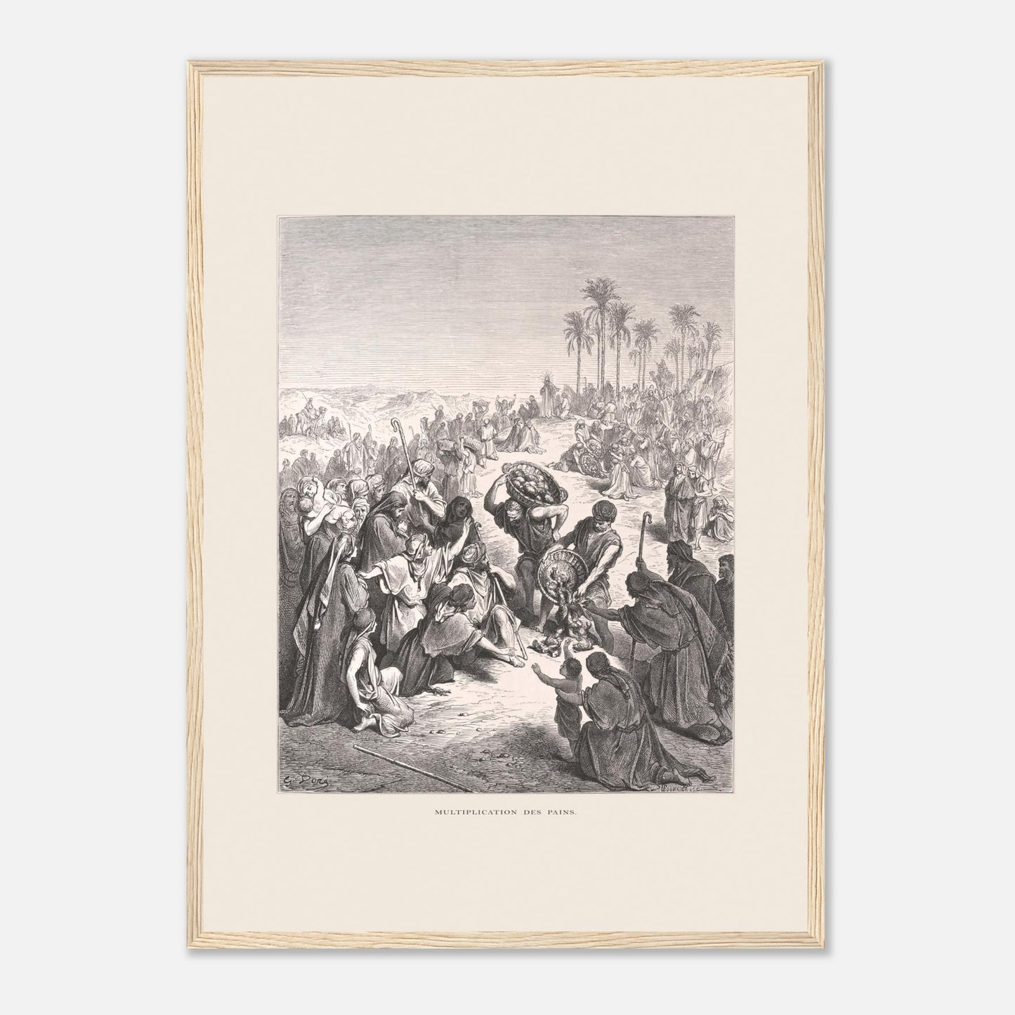 La Multiplication des pains au désert – Illustration de Gustave Doré (42x59,4 cm (A2) / Cadre bois clair). Gravure de Gustave Doré illustrant la Multiplication des pains, montrant une foule attendant et recevant du pain dans un paysage désertique.