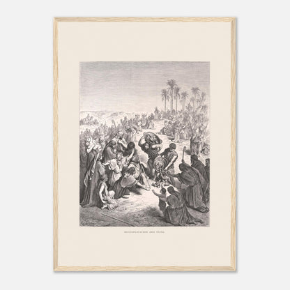 La Multiplication des pains au désert – Illustration de Gustave Doré (42x59,4 cm (A2) / Cadre bois clair). Gravure de Gustave Doré illustrant la Multiplication des pains, montrant une foule attendant et recevant du pain dans un paysage désertique.