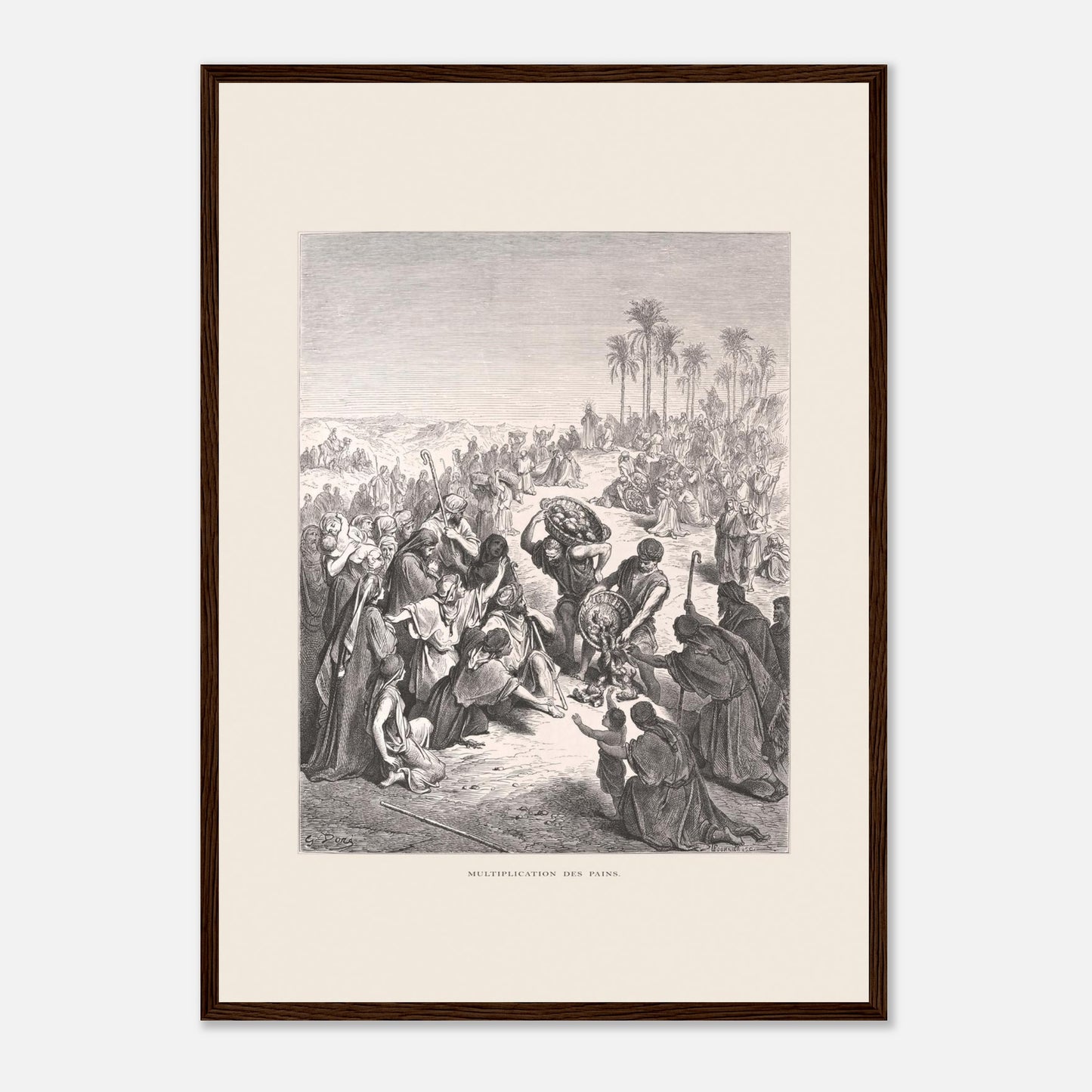 La Multiplication des pains au désert – Illustration de Gustave Doré (42x59,4 cm (A2) / Cadre bois foncé). Gravure de Gustave Doré illustrant la Multiplication des pains, montrant une foule attendant et recevant du pain dans un paysage désertique.
