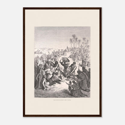 La Multiplication des pains au désert – Illustration de Gustave Doré (42x59,4 cm (A2) / Cadre bois foncé). Gravure de Gustave Doré illustrant la Multiplication des pains, montrant une foule attendant et recevant du pain dans un paysage désertique.