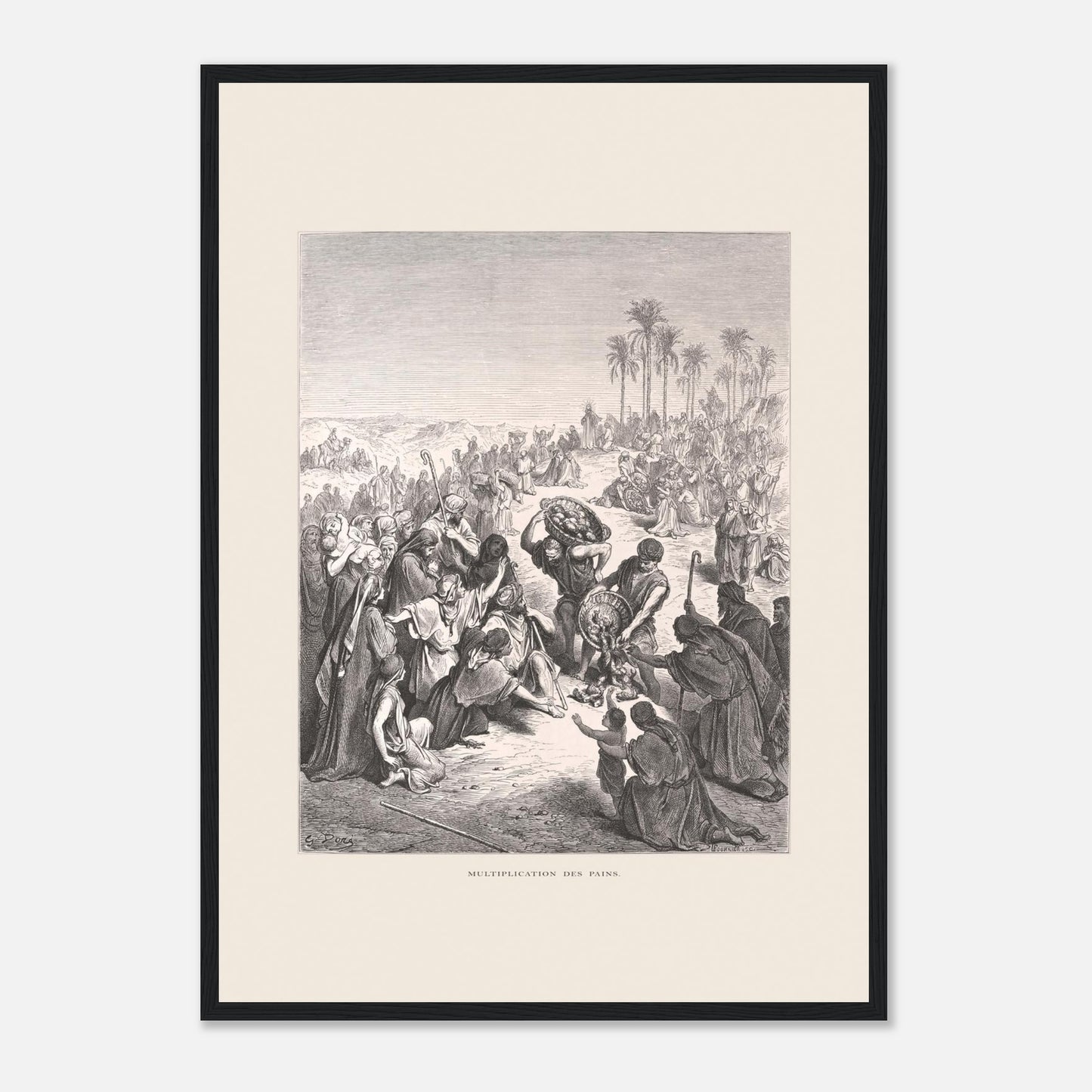 La Multiplication des pains au désert – Illustration de Gustave Doré (42x59,4 cm (A2) / Cadre noir). Gravure de Gustave Doré illustrant la Multiplication des pains, montrant une foule attendant et recevant du pain dans un paysage désertique.