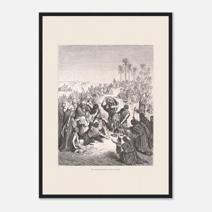 La Multiplication des pains au désert – Illustration de Gustave Doré (42x59,4 cm (A2) / Cadre noir). Gravure de Gustave Doré illustrant la Multiplication des pains, montrant une foule attendant et recevant du pain dans un paysage désertique.