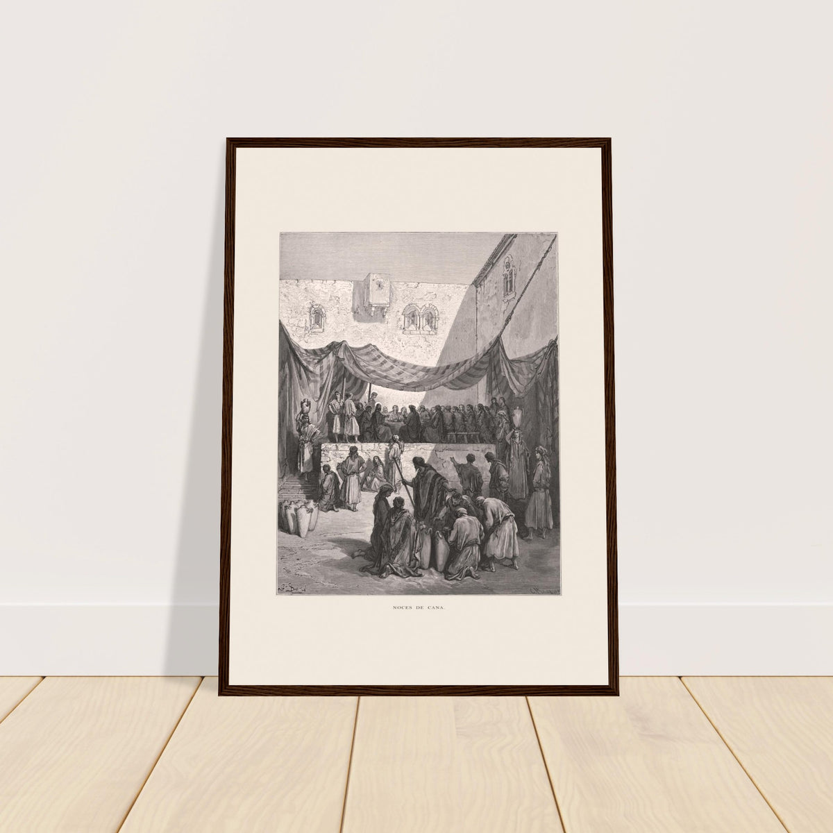 Antike Tafel: Die Hochzeit zu Kana von Gustave Doré. Werk von Gustave Doré, das die Hochzeit zu Kana illustriert, mit Jesus, umgeben von Jüngern und Dienern, die Krüge handhaben.