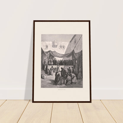 Antike Tafel: Die Hochzeit zu Kana von Gustave Doré. Werk von Gustave Doré, das die Hochzeit zu Kana illustriert, mit Jesus, umgeben von Jüngern und Dienern, die Krüge handhaben.