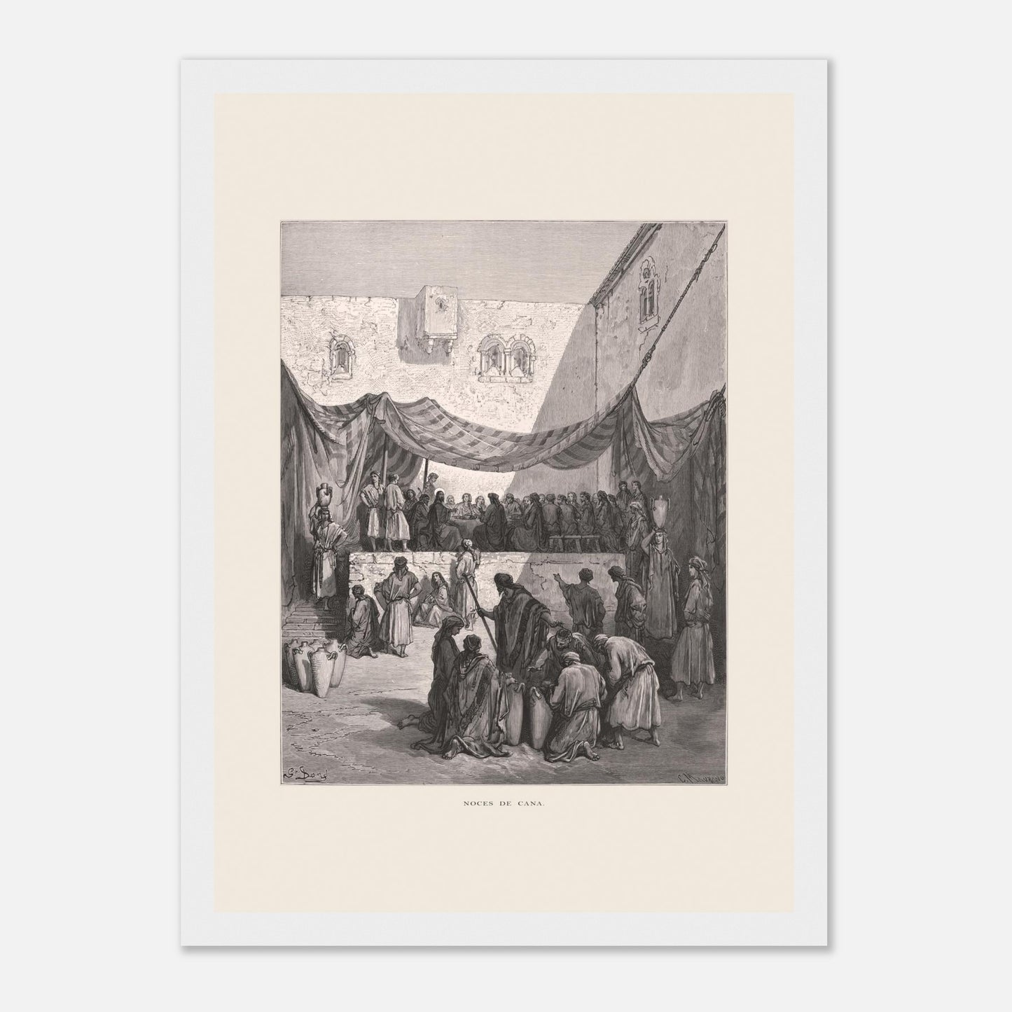 Planche ancienne : Les Noces de Cana par Gustave Doré (21x29,7 cm (A4) / Cadre blanc). Œuvre de Gustave Doré illustrant les noces de Cana, avec Jésus entouré de disciples et des serviteurs manipulant des jarres.