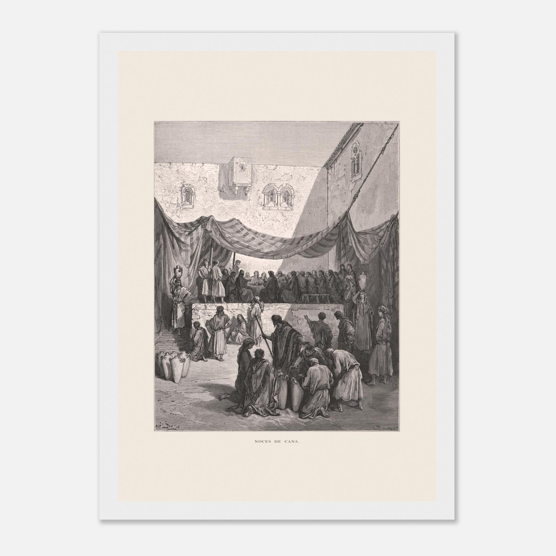 Planche ancienne : Les Noces de Cana par Gustave Doré (21x29,7 cm (A4) / Cadre blanc). Œuvre de Gustave Doré illustrant les noces de Cana, avec Jésus entouré de disciples et des serviteurs manipulant des jarres.