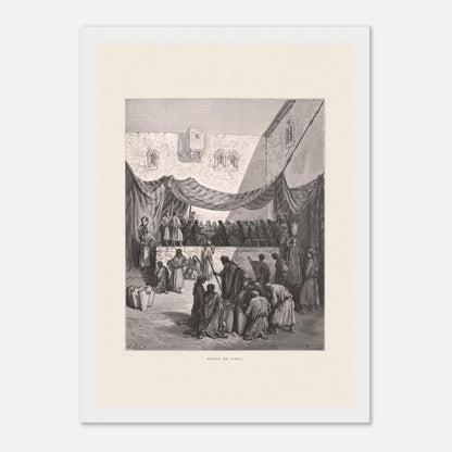 Planche ancienne : Les Noces de Cana par Gustave Doré (21x29,7 cm (A4) / Cadre blanc). Œuvre de Gustave Doré illustrant les noces de Cana, avec Jésus entouré de disciples et des serviteurs manipulant des jarres.