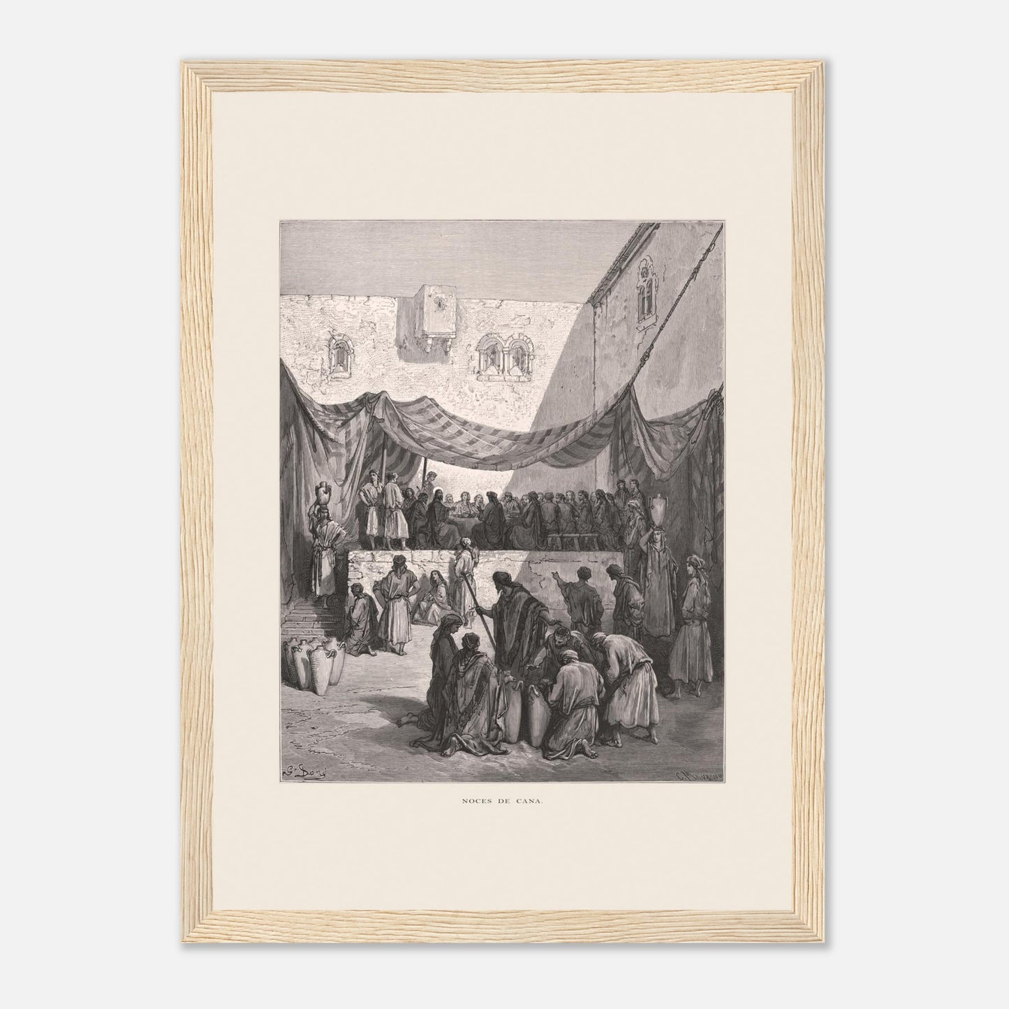 Planche ancienne : Les Noces de Cana par Gustave Doré (21x29,7 cm (A4) / Cadre bois clair). Œuvre de Gustave Doré illustrant les noces de Cana, avec Jésus entouré de disciples et des serviteurs manipulant des jarres.