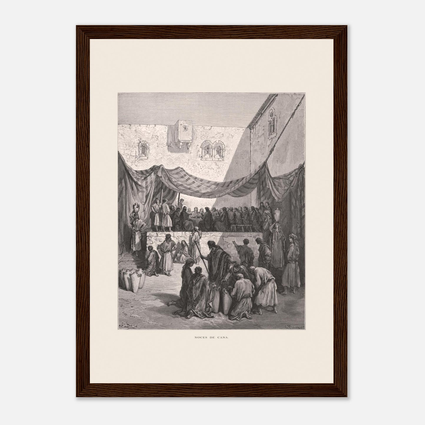 Planche ancienne : Les Noces de Cana par Gustave Doré (21x29,7 cm (A4) / Cadre bois foncé). Œuvre de Gustave Doré illustrant les noces de Cana, avec Jésus entouré de disciples et des serviteurs manipulant des jarres.