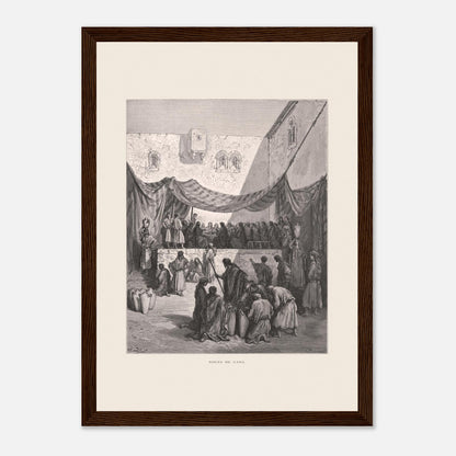 Planche ancienne : Les Noces de Cana par Gustave Doré (21x29,7 cm (A4) / Cadre bois foncé). Œuvre de Gustave Doré illustrant les noces de Cana, avec Jésus entouré de disciples et des serviteurs manipulant des jarres.