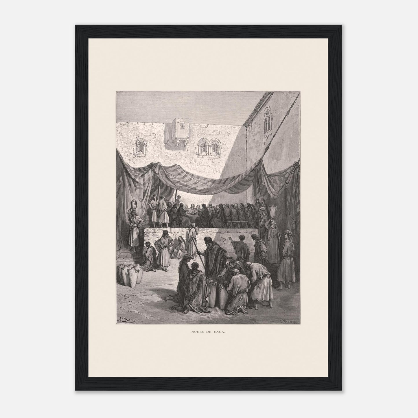 Planche ancienne : Les Noces de Cana par Gustave Doré (21x29,7 cm (A4) / Cadre noir). Œuvre de Gustave Doré illustrant les noces de Cana, avec Jésus entouré de disciples et des serviteurs manipulant des jarres.
