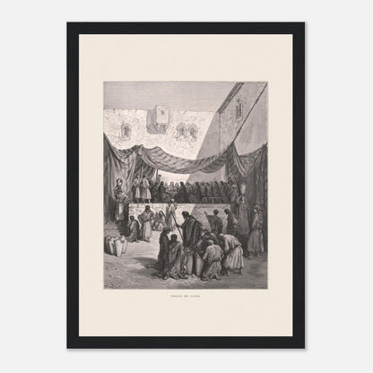 Planche ancienne : Les Noces de Cana par Gustave Doré (21x29,7 cm (A4) / Cadre noir). Œuvre de Gustave Doré illustrant les noces de Cana, avec Jésus entouré de disciples et des serviteurs manipulant des jarres.