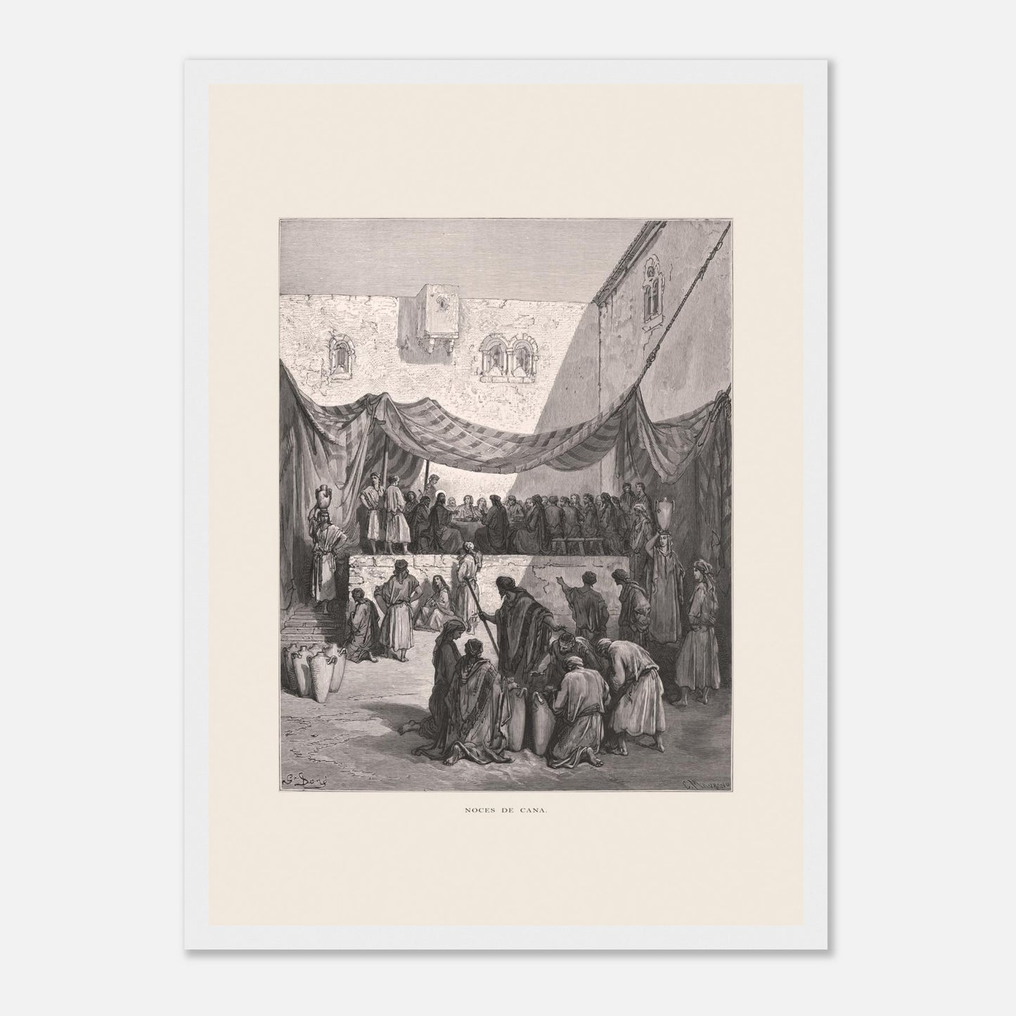 Planche ancienne : Les Noces de Cana par Gustave Doré (29,7x42 cm (A3) / Cadre blanc). Œuvre de Gustave Doré illustrant les noces de Cana, avec Jésus entouré de disciples et des serviteurs manipulant des jarres.