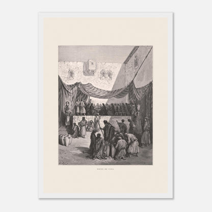 Planche ancienne : Les Noces de Cana par Gustave Doré (29,7x42 cm (A3) / Cadre blanc). Œuvre de Gustave Doré illustrant les noces de Cana, avec Jésus entouré de disciples et des serviteurs manipulant des jarres.