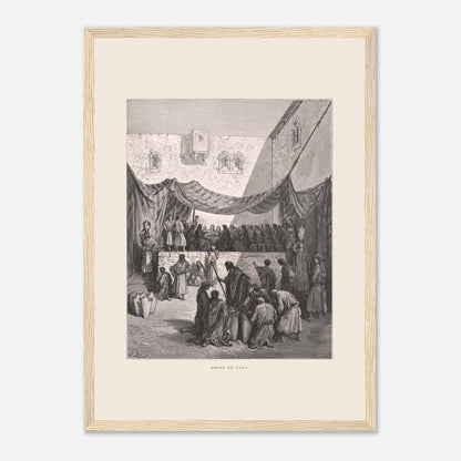 Planche ancienne : Les Noces de Cana par Gustave Doré (29,7x42 cm (A3) / Cadre bois clair). Œuvre de Gustave Doré illustrant les noces de Cana, avec Jésus entouré de disciples et des serviteurs manipulant des jarres.