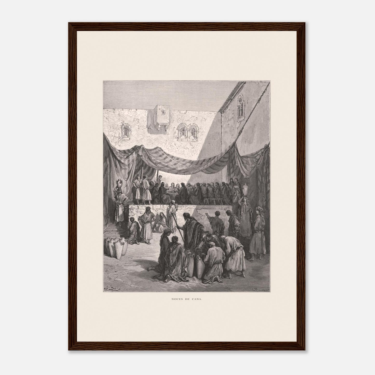 Planche ancienne : Les Noces de Cana par Gustave Doré (29,7x42 cm (A3) / Cadre bois foncé). Œuvre de Gustave Doré illustrant les noces de Cana, avec Jésus entouré de disciples et des serviteurs manipulant des jarres.