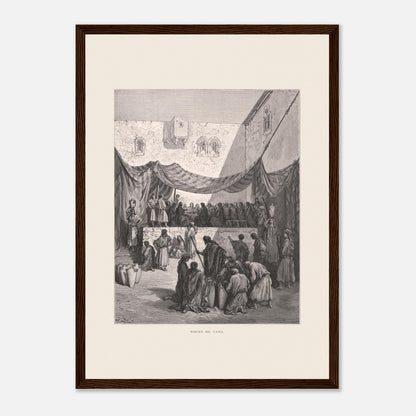 Planche ancienne : Les Noces de Cana par Gustave Doré (29,7x42 cm (A3) / Cadre bois foncé). Œuvre de Gustave Doré illustrant les noces de Cana, avec Jésus entouré de disciples et des serviteurs manipulant des jarres.