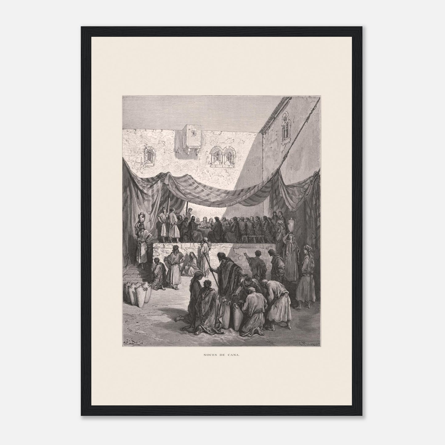 Planche ancienne : Les Noces de Cana par Gustave Doré (29,7x42 cm (A3) / Cadre noir). Œuvre de Gustave Doré illustrant les noces de Cana, avec Jésus entouré de disciples et des serviteurs manipulant des jarres.