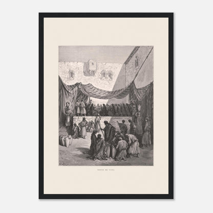 Planche ancienne : Les Noces de Cana par Gustave Doré (29,7x42 cm (A3) / Cadre noir). Œuvre de Gustave Doré illustrant les noces de Cana, avec Jésus entouré de disciples et des serviteurs manipulant des jarres.