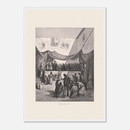 Planche ancienne : Les Noces de Cana par Gustave Doré (42x59,4 cm (A2) / Cadre blanc). Œuvre de Gustave Doré illustrant les noces de Cana, avec Jésus entouré de disciples et des serviteurs manipulant des jarres.