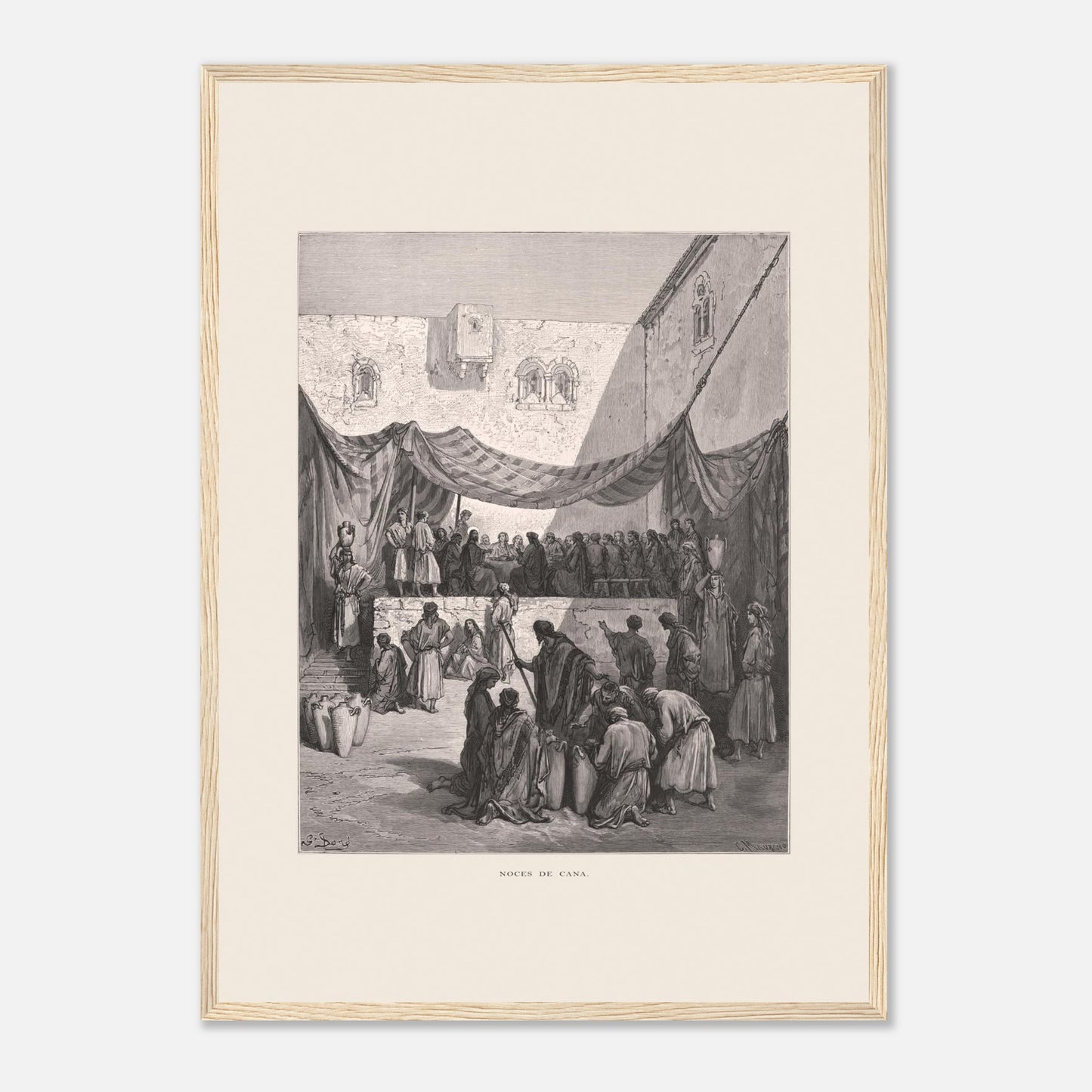 Planche ancienne : Les Noces de Cana par Gustave Doré (42x59,4 cm (A2) / Cadre bois clair). Œuvre de Gustave Doré illustrant les noces de Cana, avec Jésus entouré de disciples et des serviteurs manipulant des jarres.