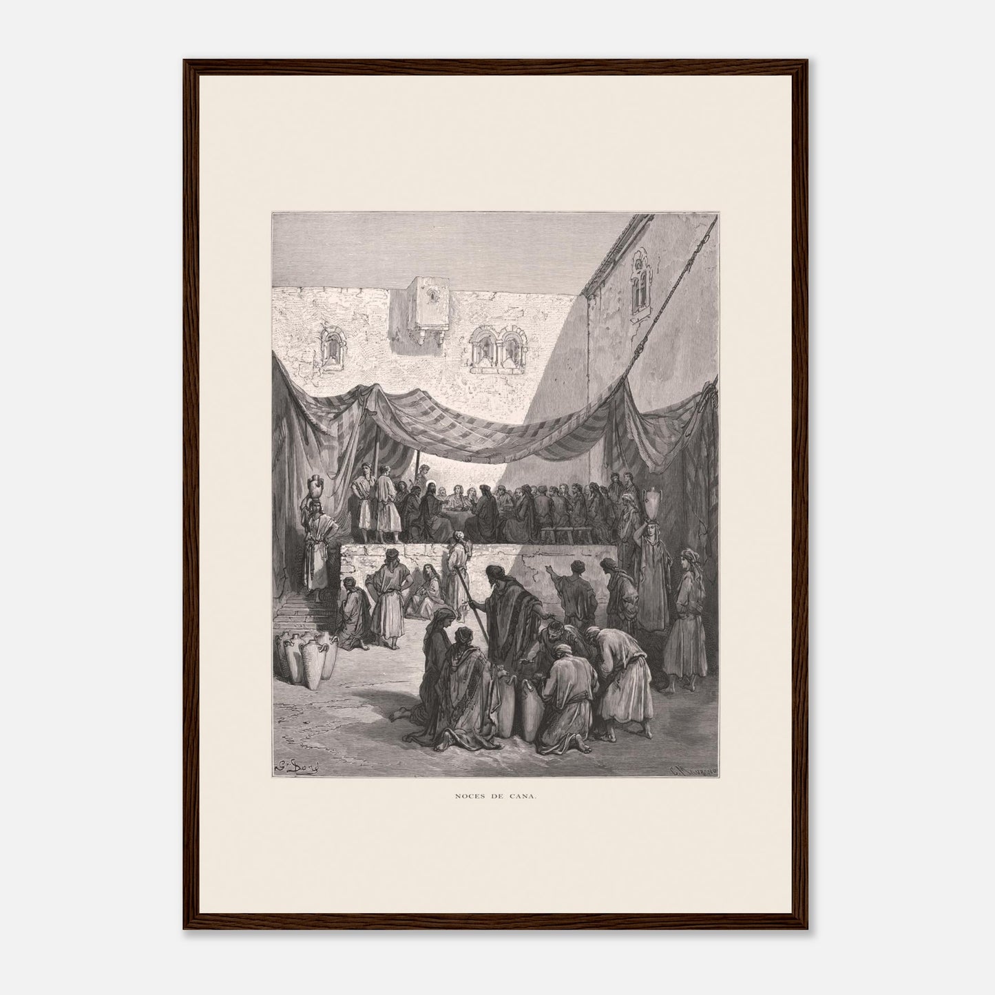 Planche ancienne : Les Noces de Cana par Gustave Doré (42x59,4 cm (A2) / Cadre bois foncé). Œuvre de Gustave Doré illustrant les noces de Cana, avec Jésus entouré de disciples et des serviteurs manipulant des jarres.