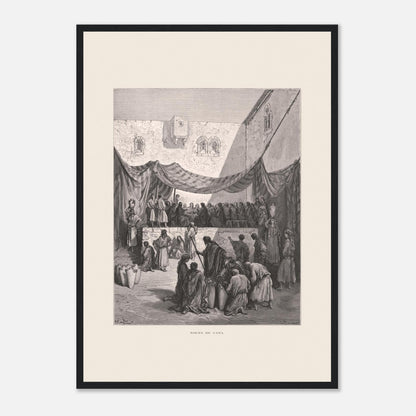Planche ancienne : Les Noces de Cana par Gustave Doré (42x59,4 cm (A2) / Cadre noir). Œuvre de Gustave Doré illustrant les noces de Cana, avec Jésus entouré de disciples et des serviteurs manipulant des jarres.
