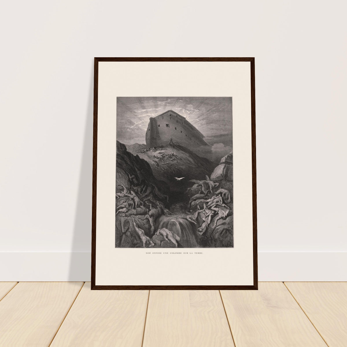 Noach lässt die Taube aus, antiker Stich von Gustave Doré. Stich von Gustave Doré, der die Arche Noah auf einem Hügel thronend zeigt, während eine Taube über einer trostlosen, von der Sintflut überfluteten Landschaft fliegt.