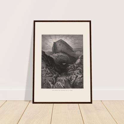 Noach lässt die Taube aus, antiker Stich von Gustave Doré. Stich von Gustave Doré, der die Arche Noah auf einem Hügel thronend zeigt, während eine Taube über einer trostlosen, von der Sintflut überfluteten Landschaft fliegt.
