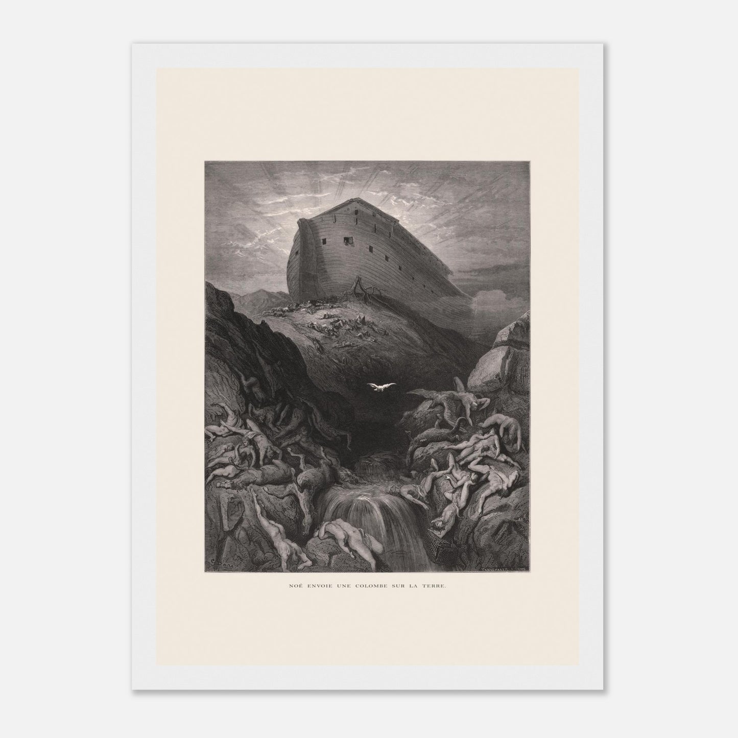 Noé envoyant la colombe, gravure ancienne de Gustave Doré (21x29,7 cm (A4) / Cadre blanc). Gravure de Gustave Doré montrant l'Arche de Noé perchée sur un monticule, tandis qu'une colombe s'envole au-dessus d'un paysage désolé et inondé par le déluge.